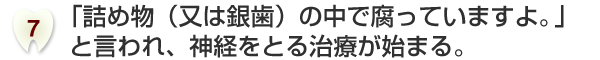 「詰め物（又は銀歯）の中で腐っていますよ。」と言われ、神経をとる治療が始まる。